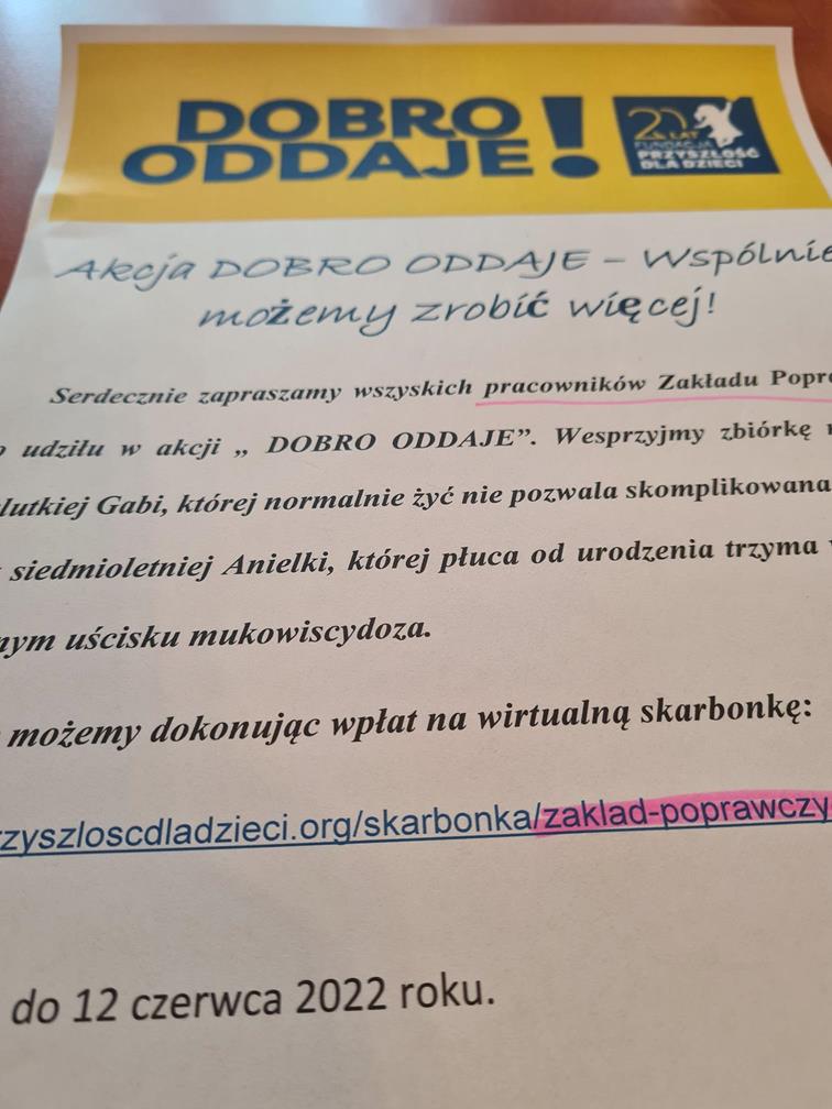 Ilustracja do aktualności Dobro oddaje – Akcja Pomocy naszej placówki malutkiej Gabi i Anielce