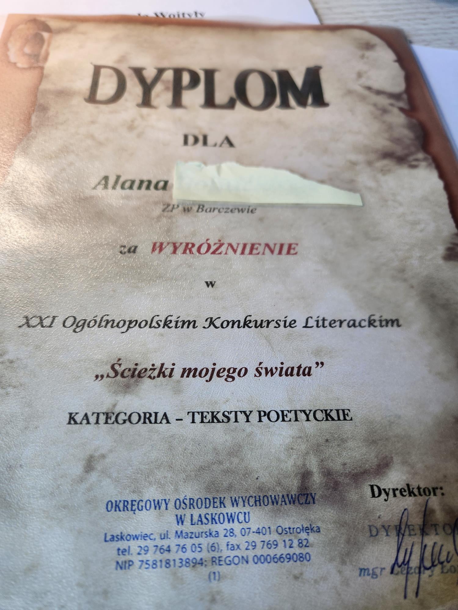 Ilustracja do aktualności WYRÓŻNIENIE DLA ALANA